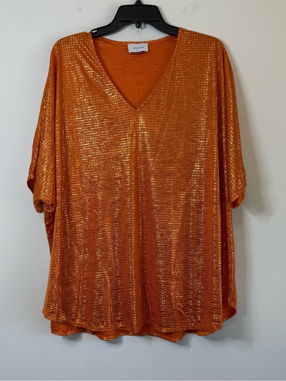 Adrienne Copper Metallic Plisse Oversized V-Neck Dolman Tunic Top Size M
